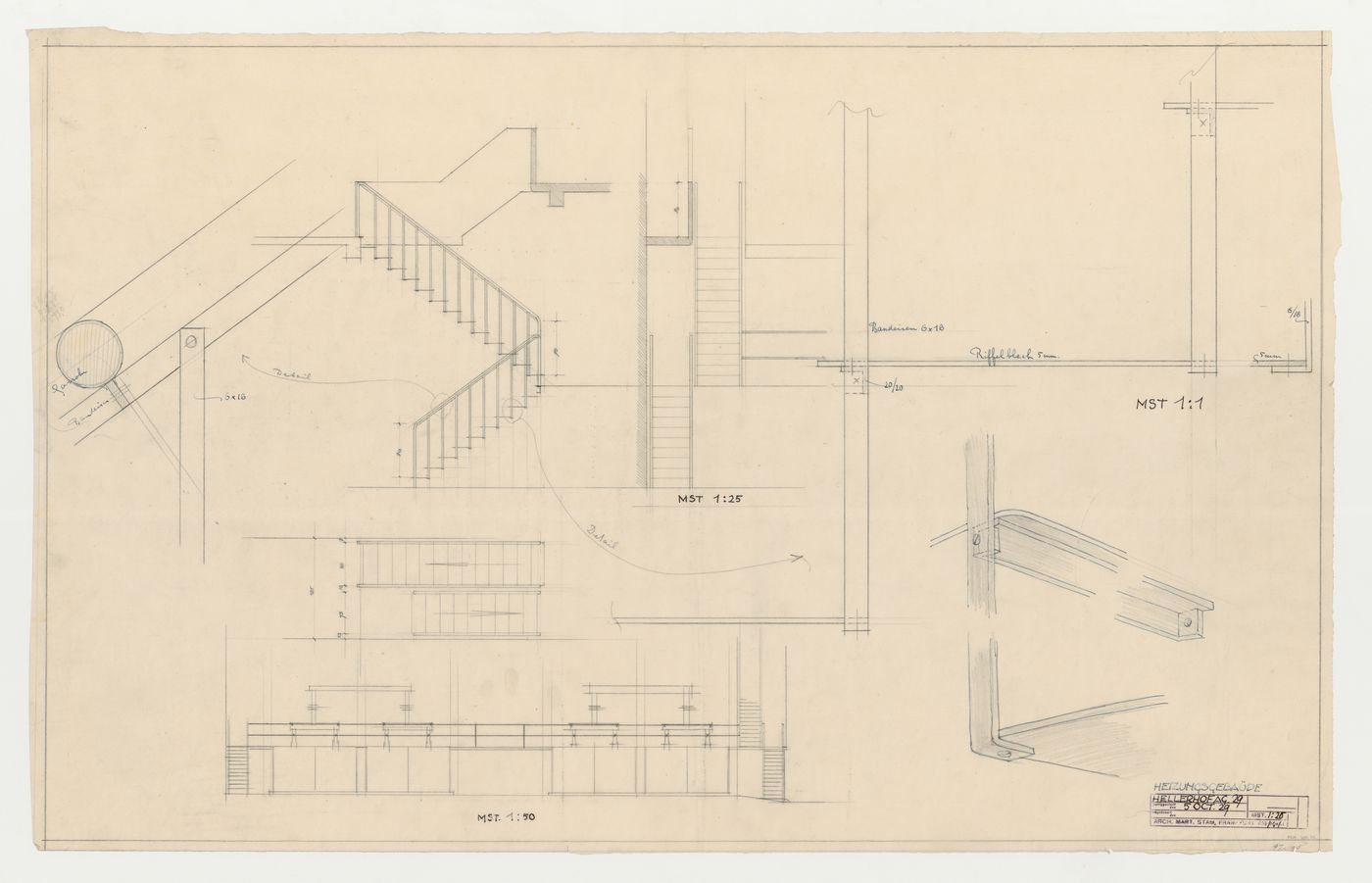 Plan, elevation, section, and sectional details for stairs for the heating systems building, Hellerhof Housing Estate, Frankfurt am Main, Germany