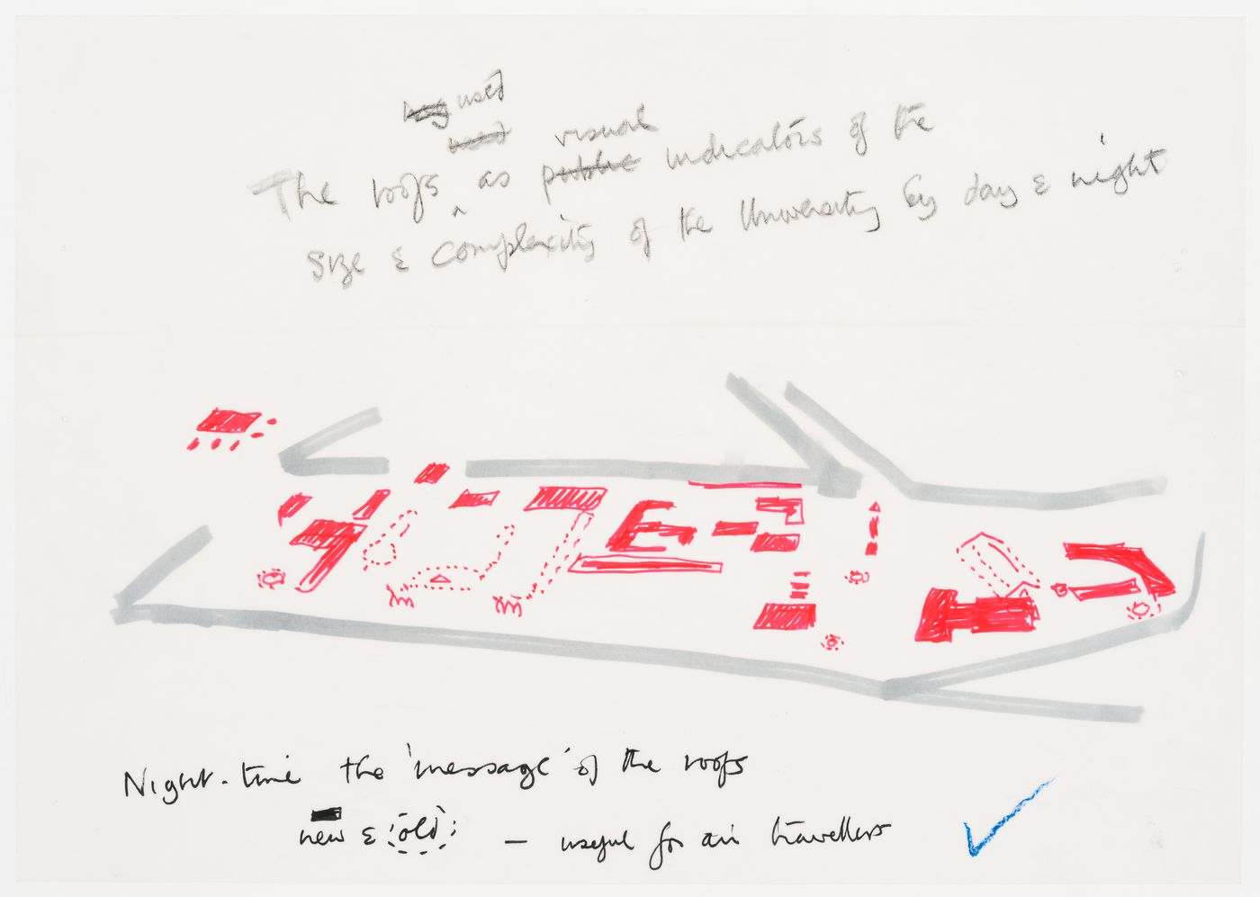 Frankfurt: axonometric sketch of the Goethe Universität campus highlighting the roofs of the buildings