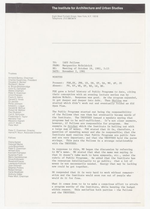 Minutes of meeting of the Fellows on October 16th, 1981