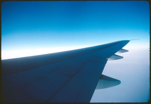 Airplane wing on a flight to Paris