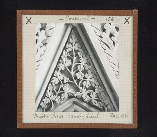 View of canopy and tympanum with foliation in Chapter House, Southwell Minster, Southwell, Nottinghamshire, England