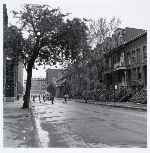 Milton Park Project: Recess at Strathearn School, looking north on Jeanne-Mance from Prince Arthur, Montréal, Québec
