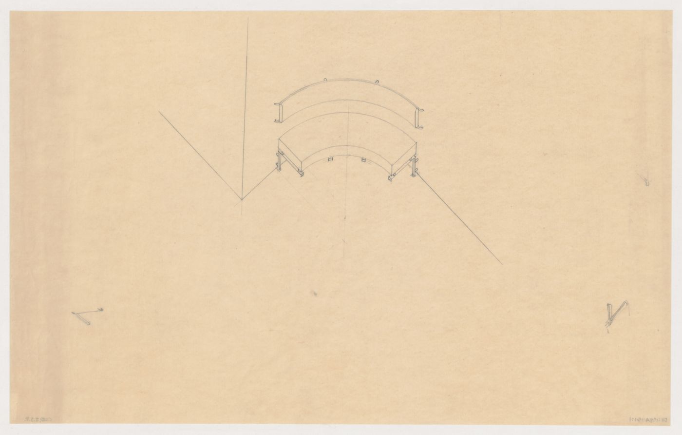 Axonometric and details for a built-in hall bench for Villa Allegonda, Katwijk aan Zee, Netherlands