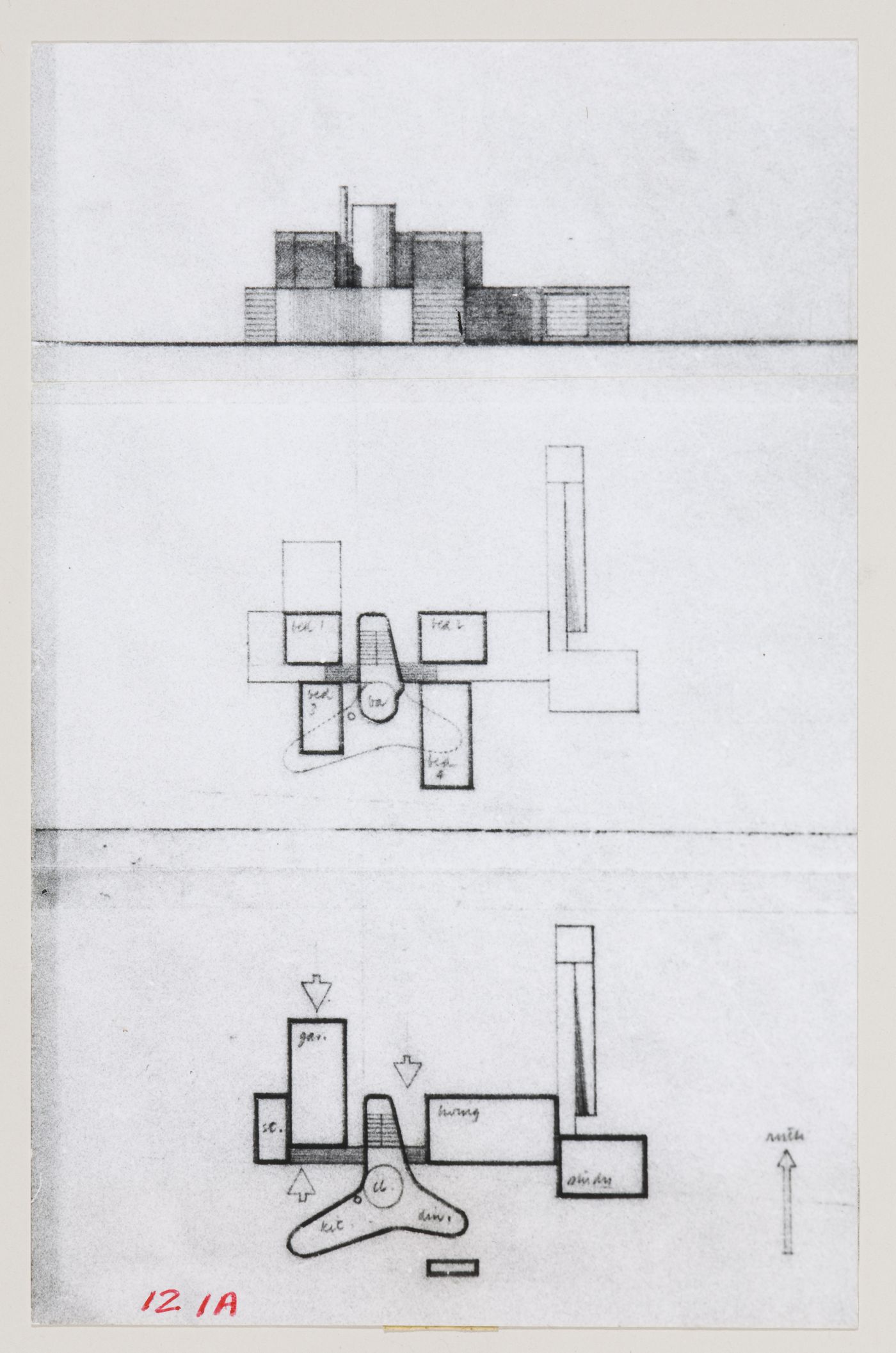 House Studies, England: views of elevation (top image) and plans (lower images)