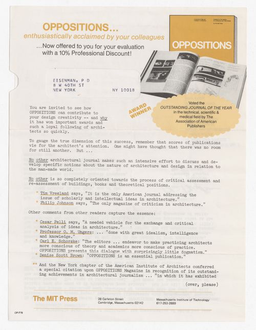 Subscription letter for Oppositions Journal addressed to Peter D. Eisenman with envelope enclosed