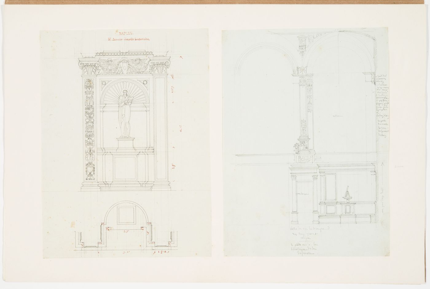 Elevation, ground plan of a niche from the aisle wall and a longitudinal section of the Cathedral through two levels showing two niches from the main nave and a side door and lectern from Cappella del Soccorso, Cathedral of San Gennaro, Naples