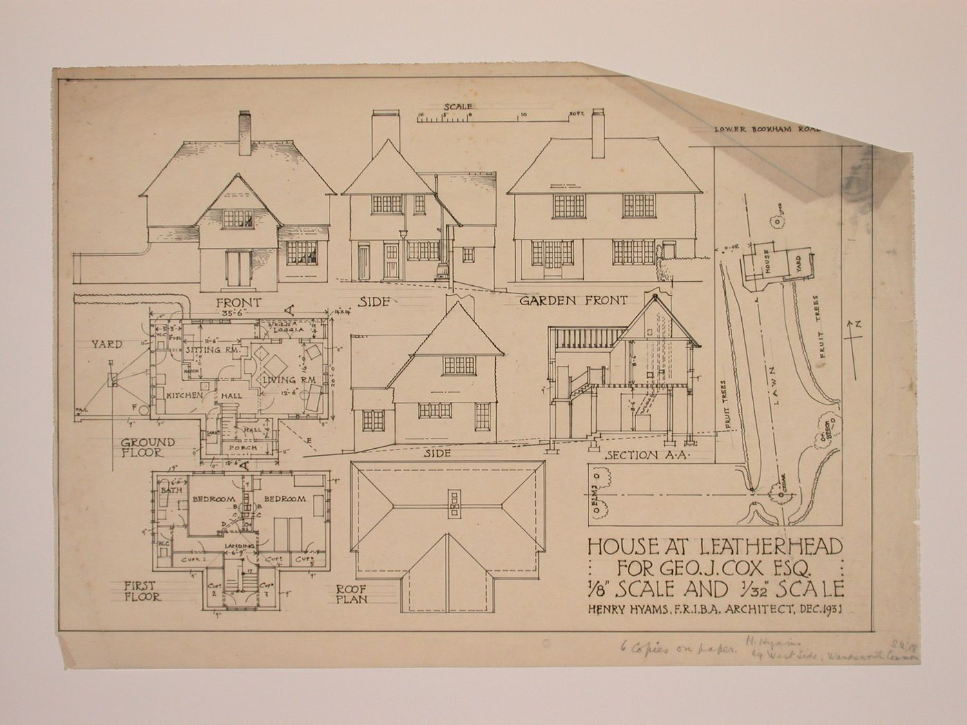 Elevations, plans, and section for the George J. Cox House, Leatherhead