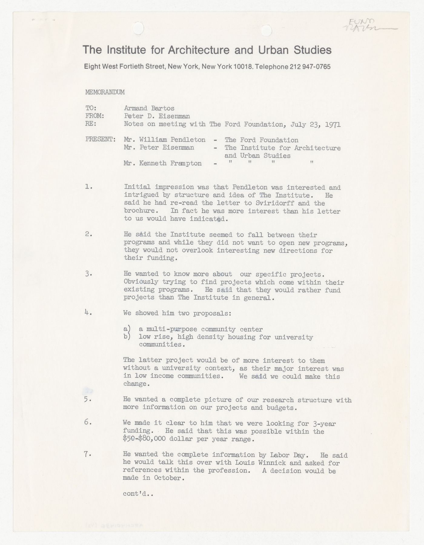 Memorandum from Peter D. Eisenman to Armand Bartos about meeting with The Ford Foundation on July 23rd, 1971