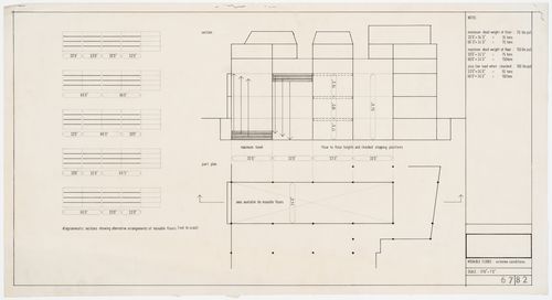 Sections and plan showing extreme conditions for movable floors: Oxford Corner House, London, England