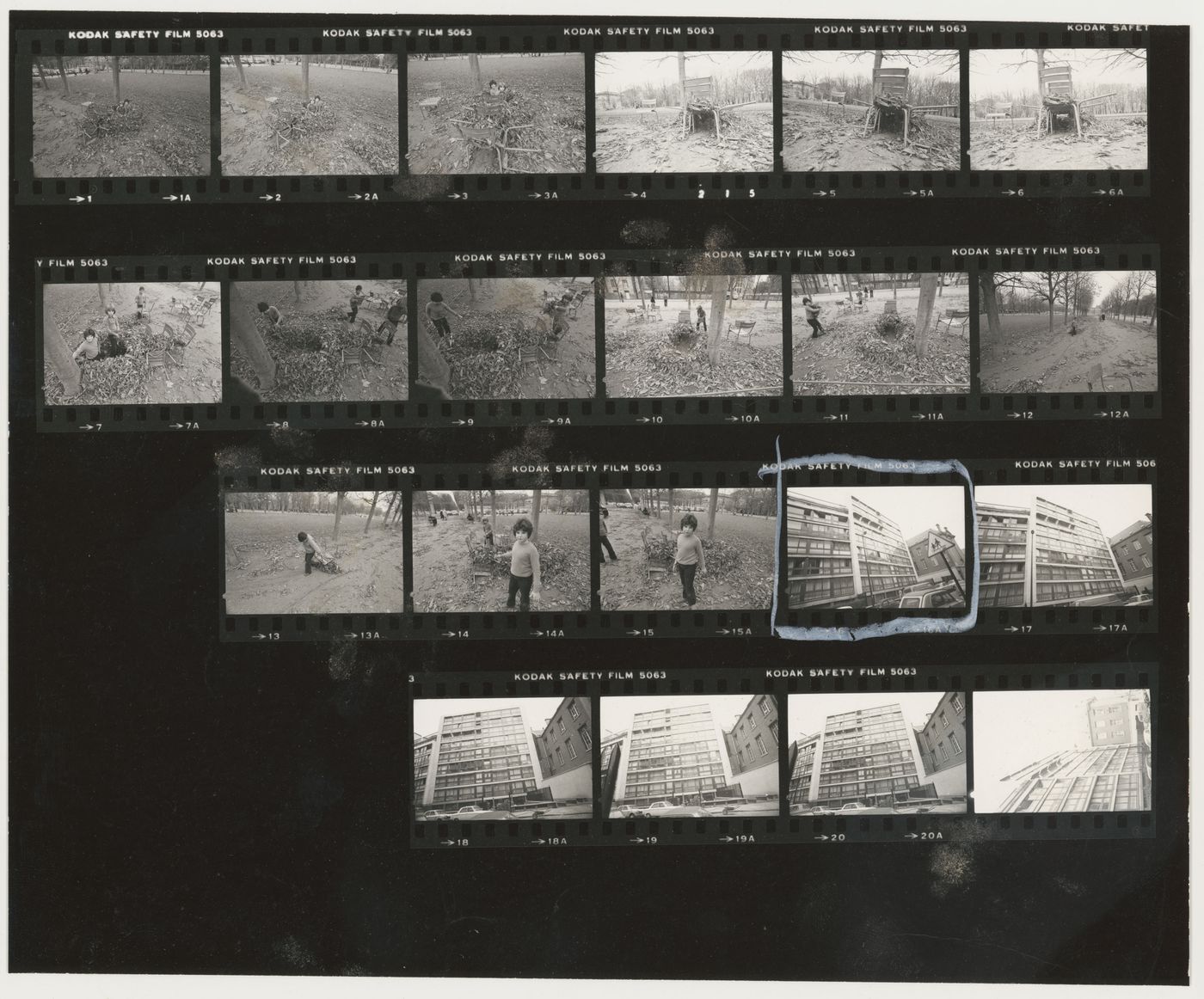 Contact sheet of buildings and children in park, rue d'Assas, Paris