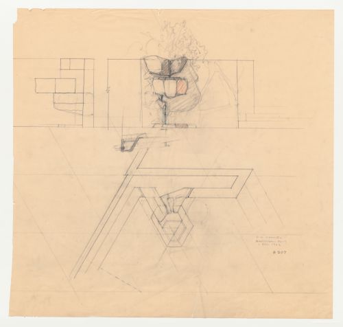 Wayfarers' Chapel, Palos Verdes, California: Elevation, plan and sketch section for the baptismal font