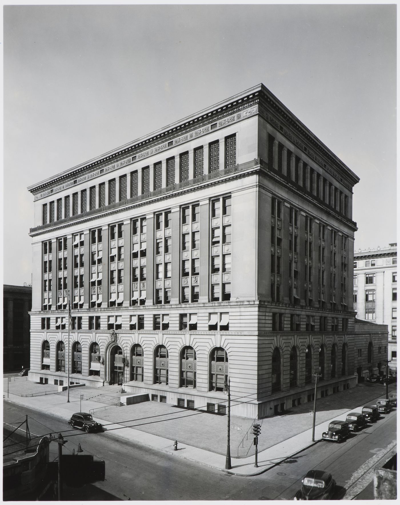 View of principal and lateral façades of the Police Headquarters, Detroit, Michigan