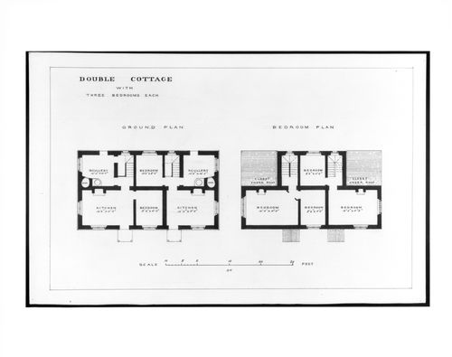 Ground and first floor plans for a double cottage with three bedrooms, Estate of Charleville Castle, Tullamore, County Offaly, Ireland