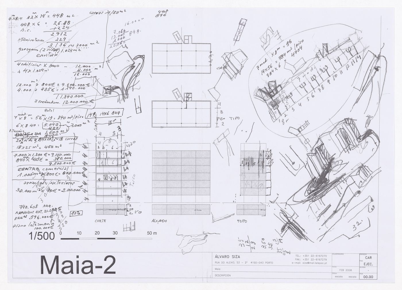 Plans, section and elevation with sketches and calculations for Plano de Urbanização da Nova Maia, Parque do Millenium, Maia, Portugal