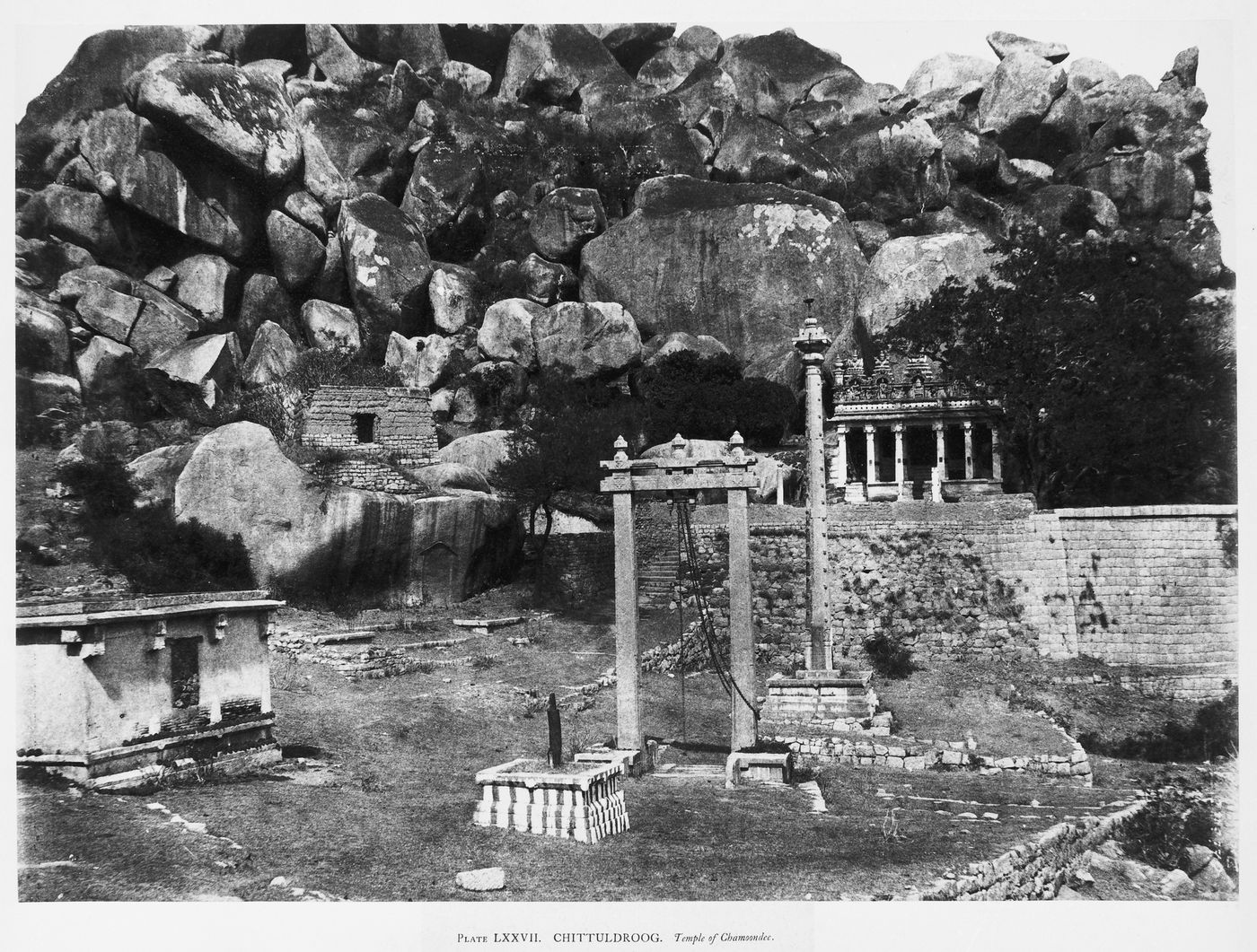 View of the Temple of Chamundi (also known as the Temple of Chamoondee) with a hill in the background, Chitradurga, India