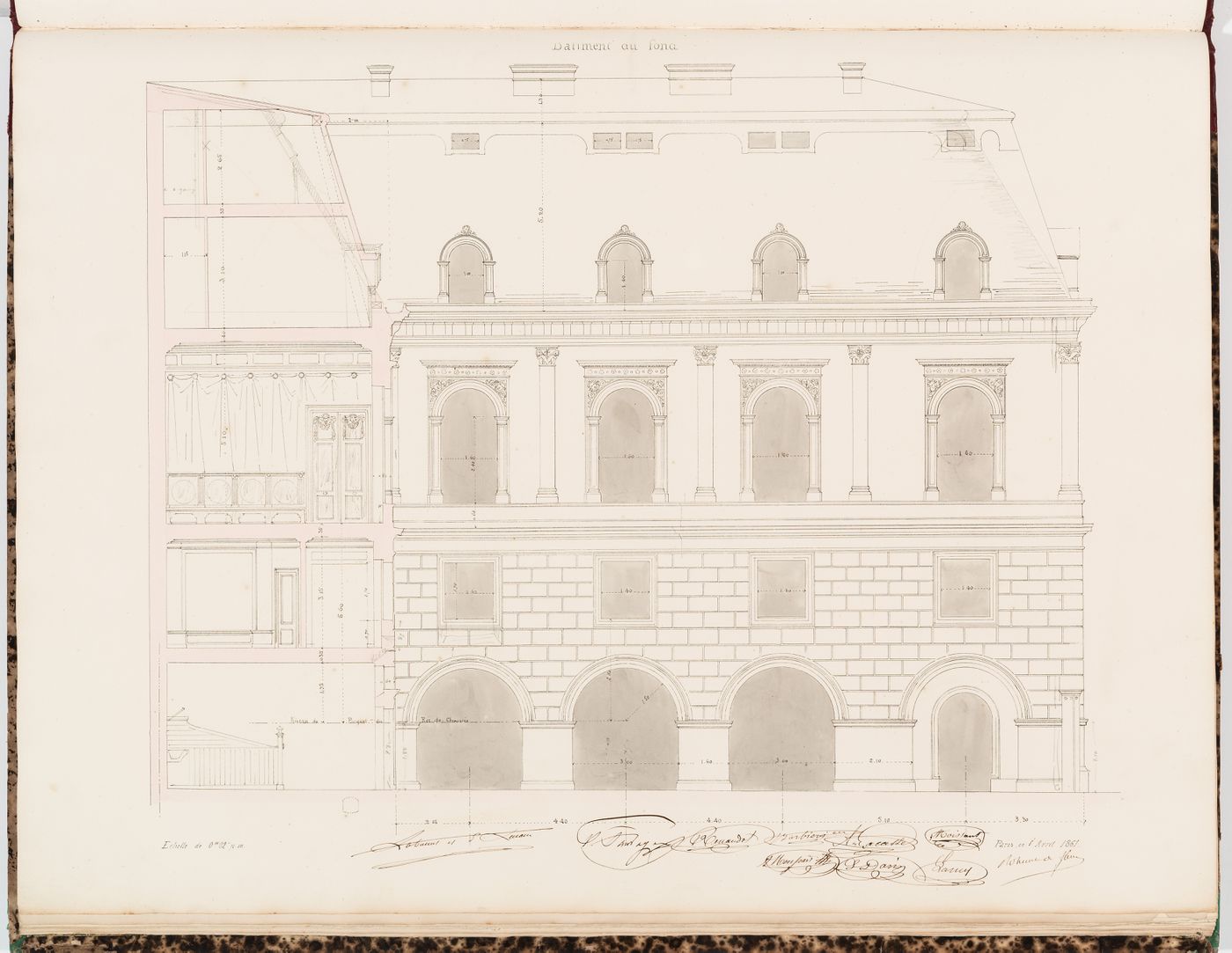 Sectional elevation through the entrance pavilion and the "cours d'honneur", showing the courtyard façade of the "pavillon sud", Hôtel Sauvage, Paris