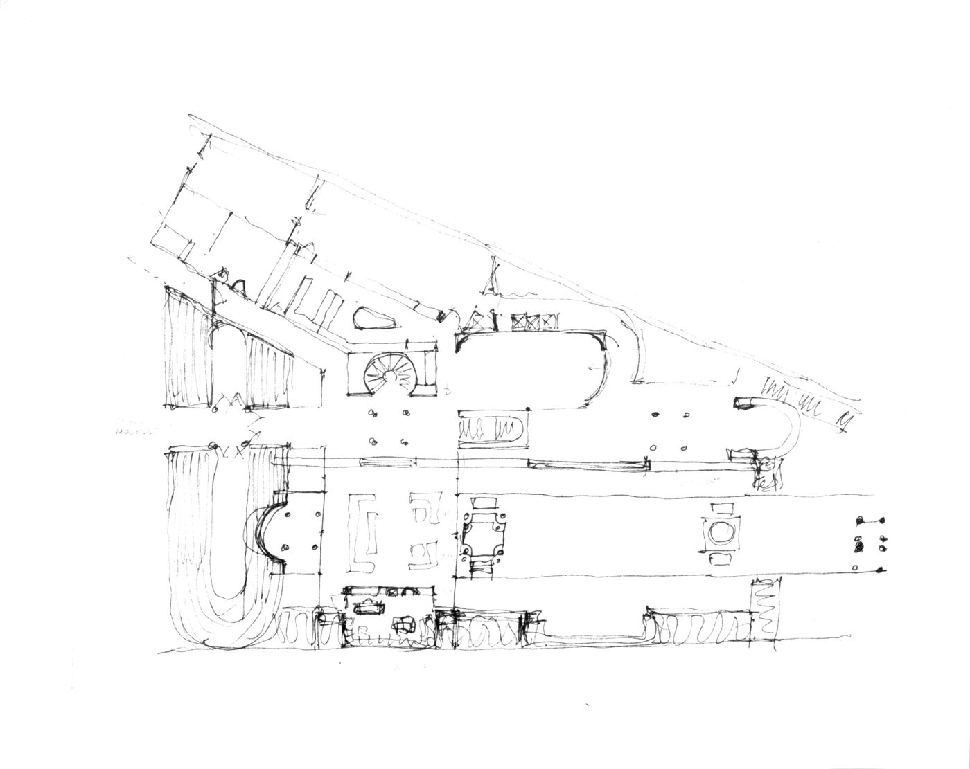 Detailed plan study, main level, plan study showing structural detail, lower level, conceptual sketch plan of beach house