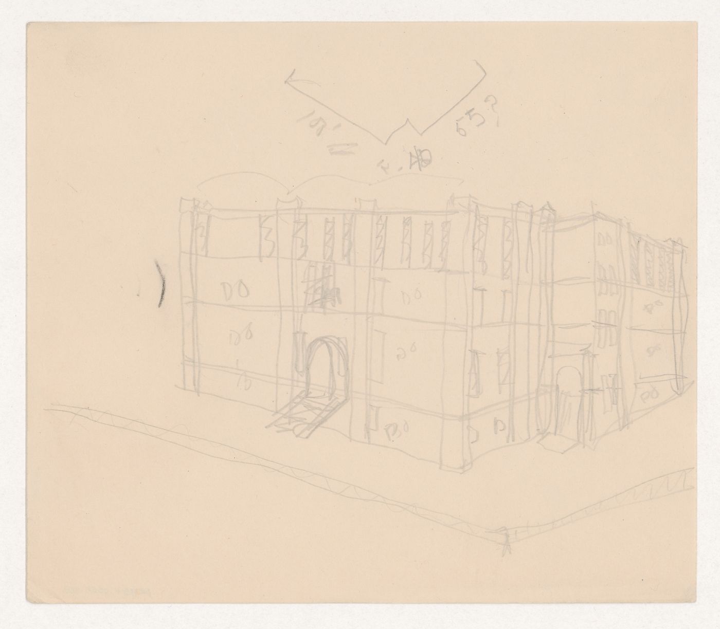 Perspective sketch and sketch plan of a building