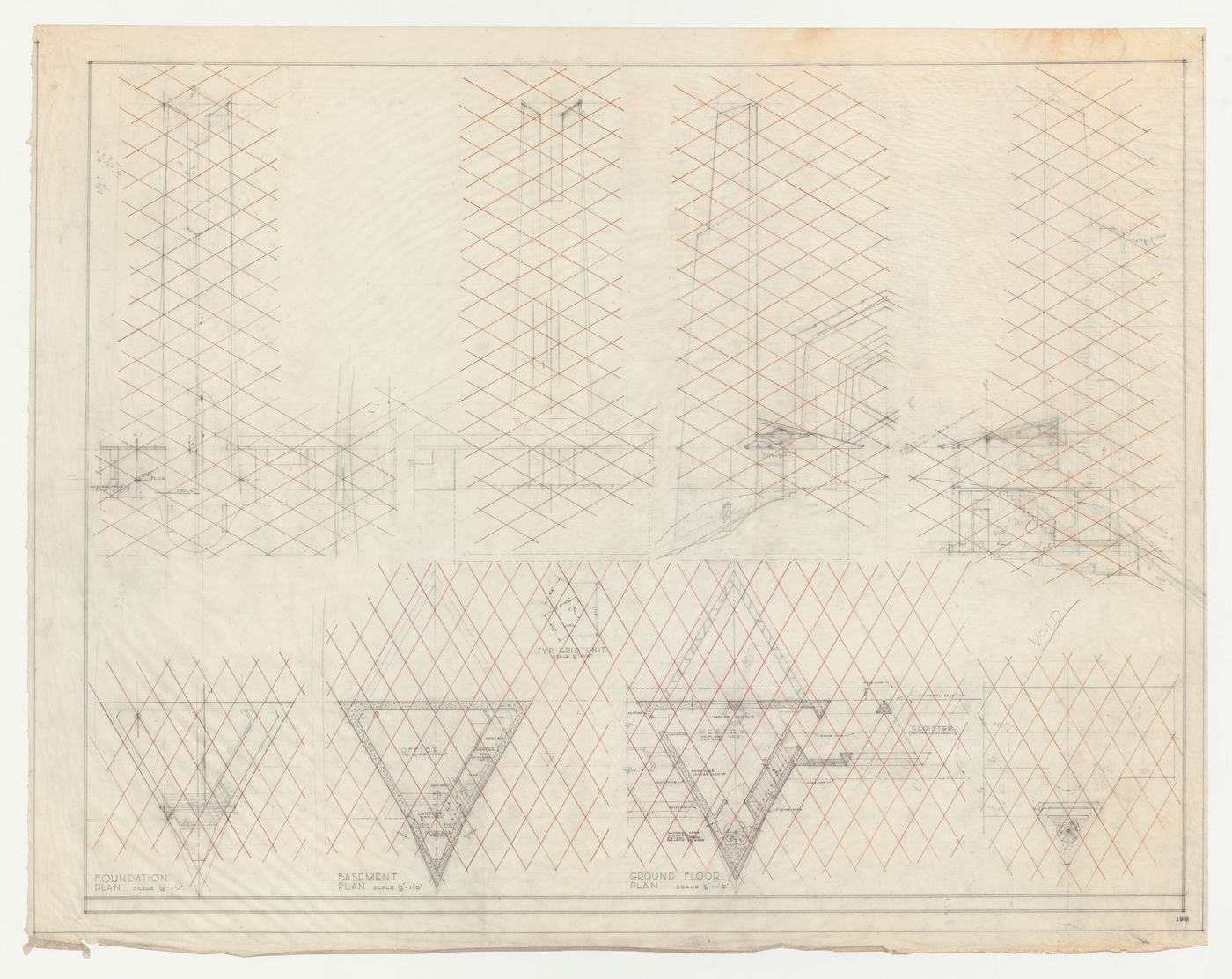Wayfarers' Chapel, Palos Verdes, California: Elevations, section and plans for the chapel and campanile developed on an equilateral parallelogram grid