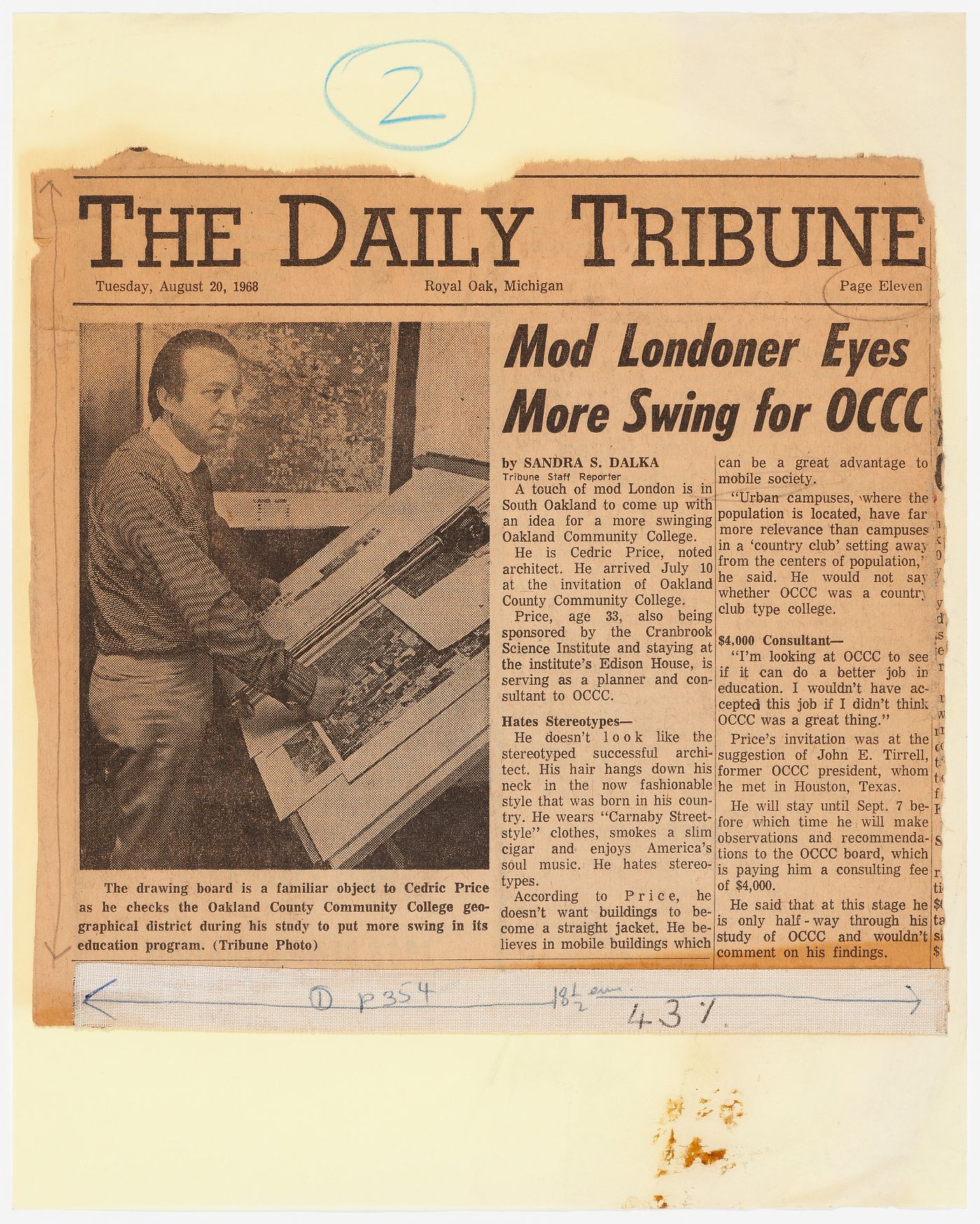 Clipping of an article about Cedric Price from the August 20, 1968 issue of The Daily Tribune (Royal Oak, Michigan)