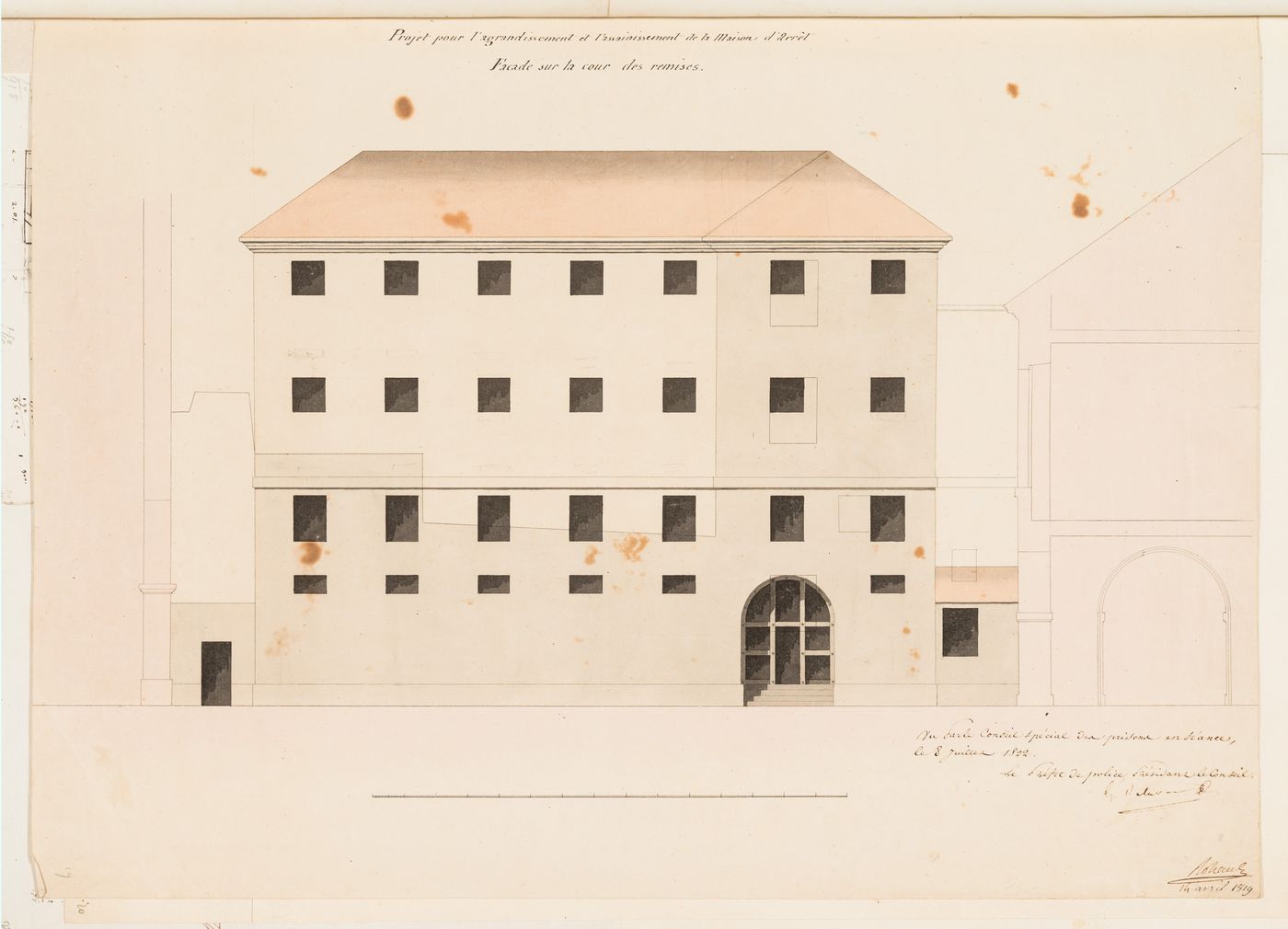 Project for the enlargement of the prison near the Préfecture de police, rue de Jérusalem, Paris: Elevation for the façade facing the "cour de remise"