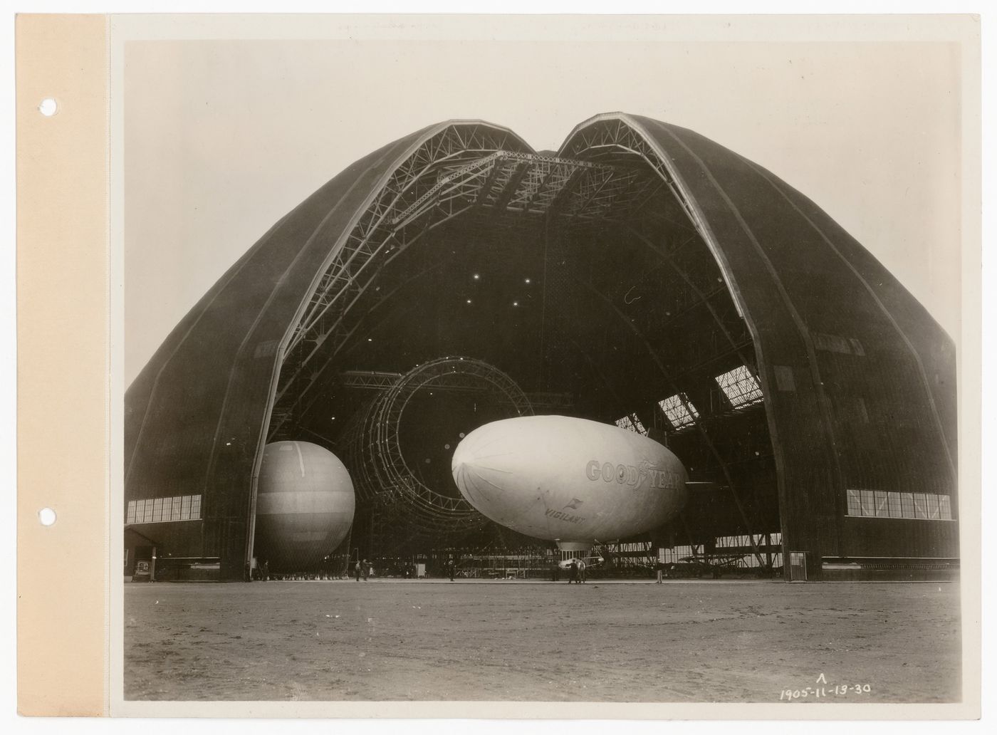 View of the Goodyear-Zeppelin airship factory and dock, showing Goodyear blimp, in Akron, Ohio, United States