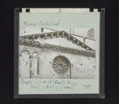 View of frieze of facade of cathedral, Nîmes, France
