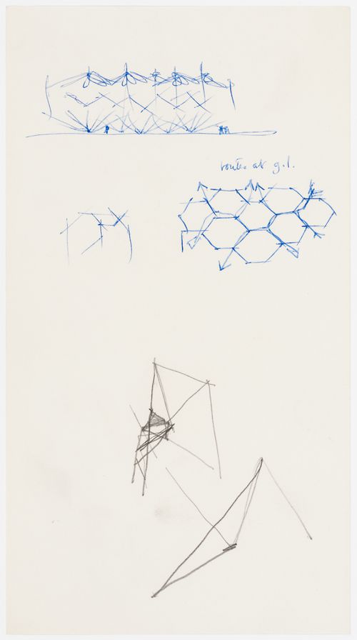 Conceptual sketches, including routes at ground level, for the Aviary at the London Zoo, London, England