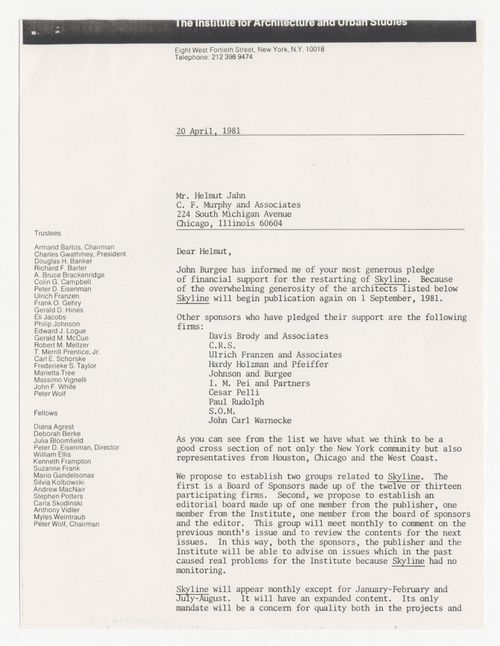 Letter from Peter D. Eisenman to Helmut Jahn about sponsorship for Skyline