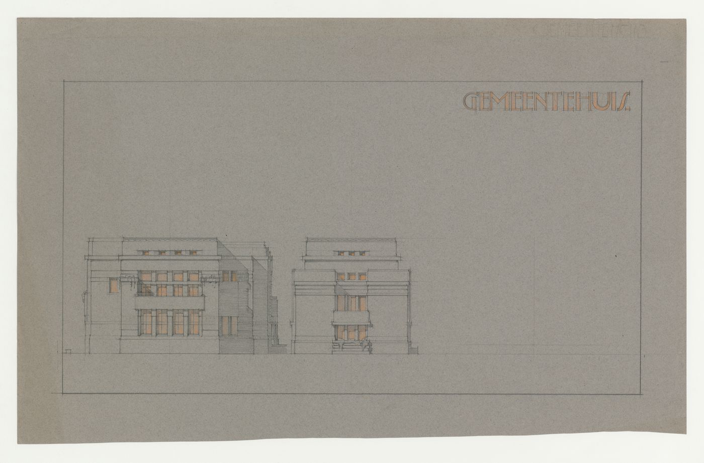 Student drawing [?] showing lateral elevations for a town hall, Netherlands