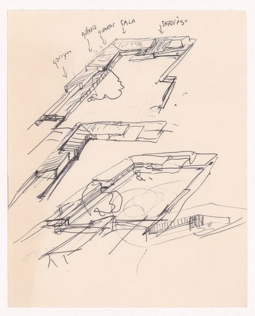 Sketch axonometric views with annotations for Casa Rui Feijó, Moledo do Minho, Caminha, Portugal
