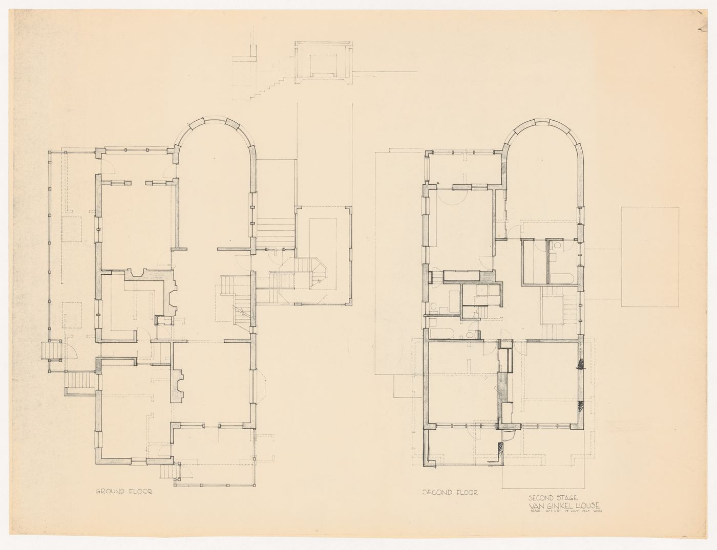 Ground floor and second floor plans for Van Ginkel House, Winnipeg, Manitoba