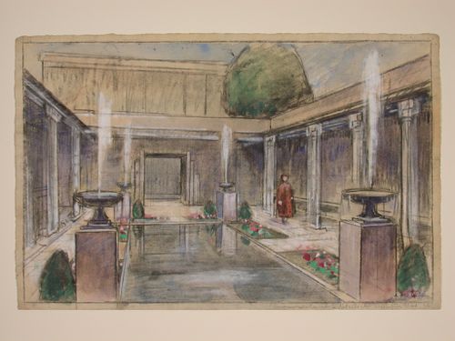 Perspective view for small Modernist villas in a park with monuments and promenades