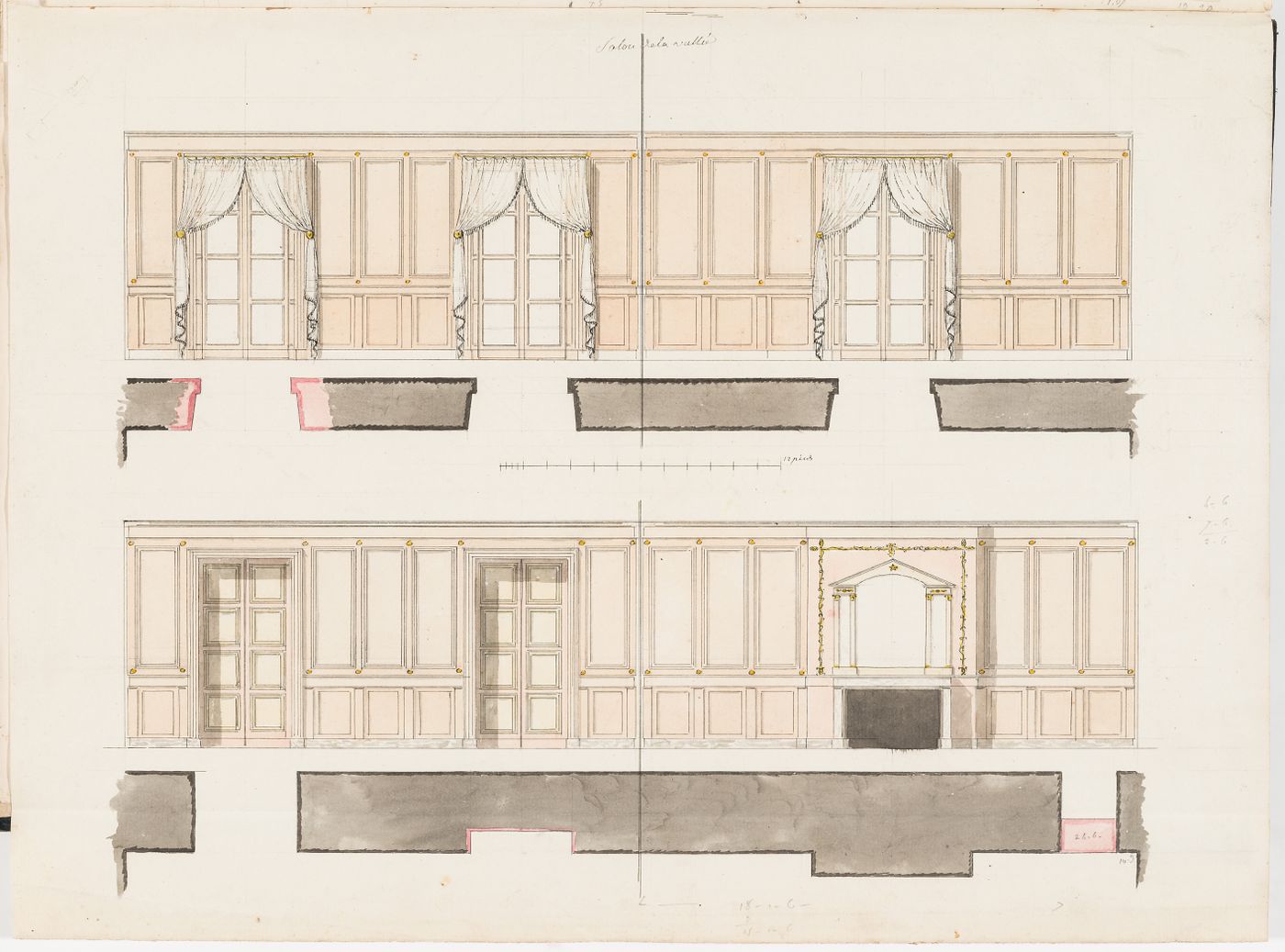 Elevations and partial plans for the salon of the house, Domaine de La Vallée; verso: Plans and sections for entrance steps on a terrace, possibly for the house, Domaine de La Vallée