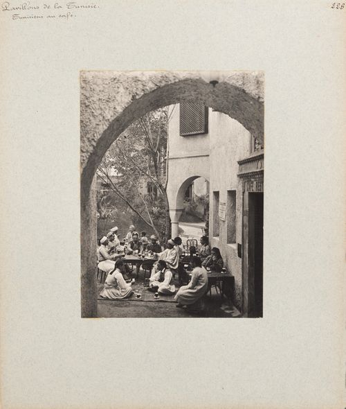 View of people seated outdoors at café, Tunisian section, Exposition universelle, 1900, Paris, France