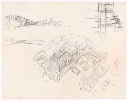 Sketch perspectives, axonometric view, and plan for Casa Marques Pinto, Porto, Portugal