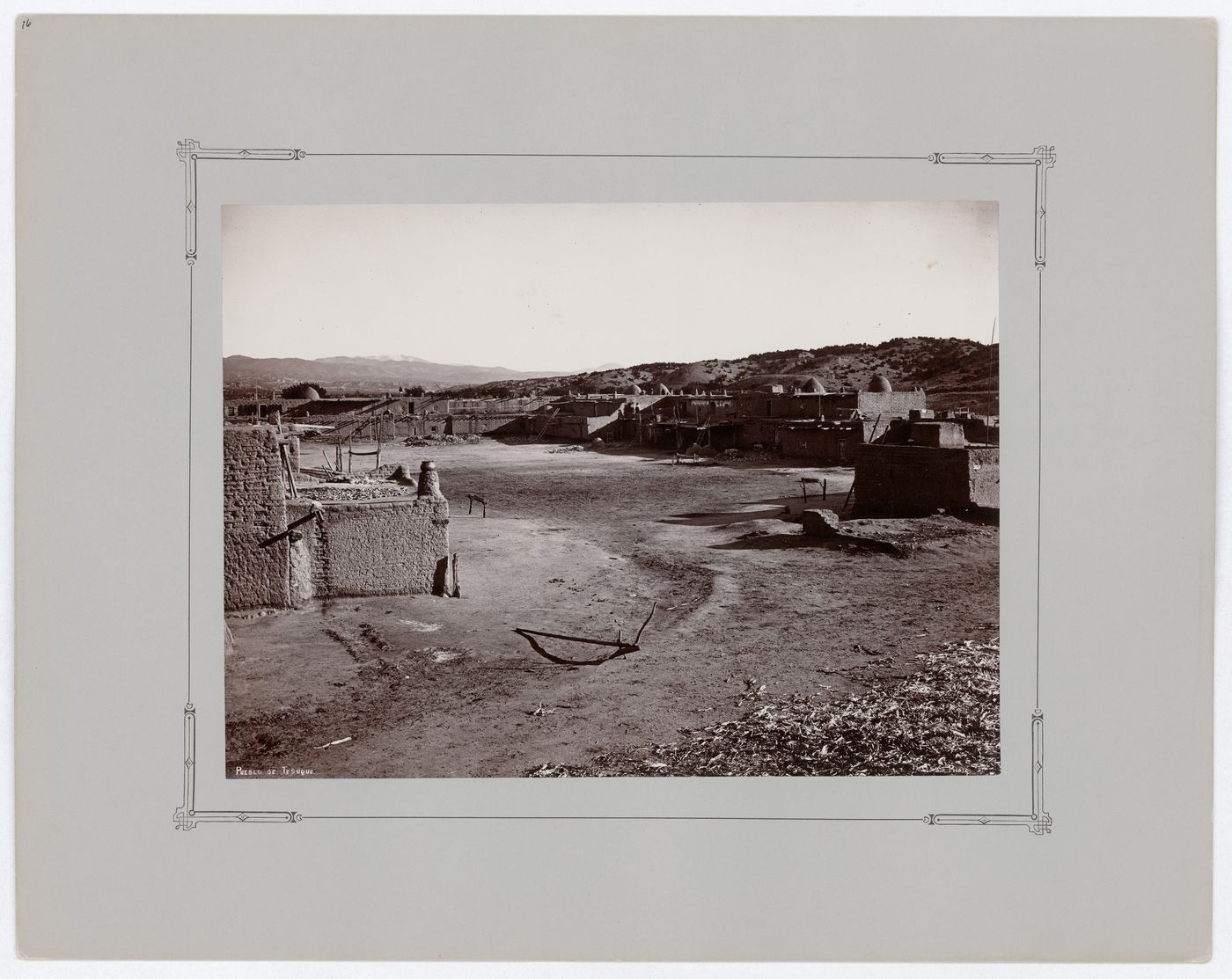 View of buildings surrounding main plaza of Te Tesugeh Oweengeh (Tesuque Pueblo), New Mexico, United States