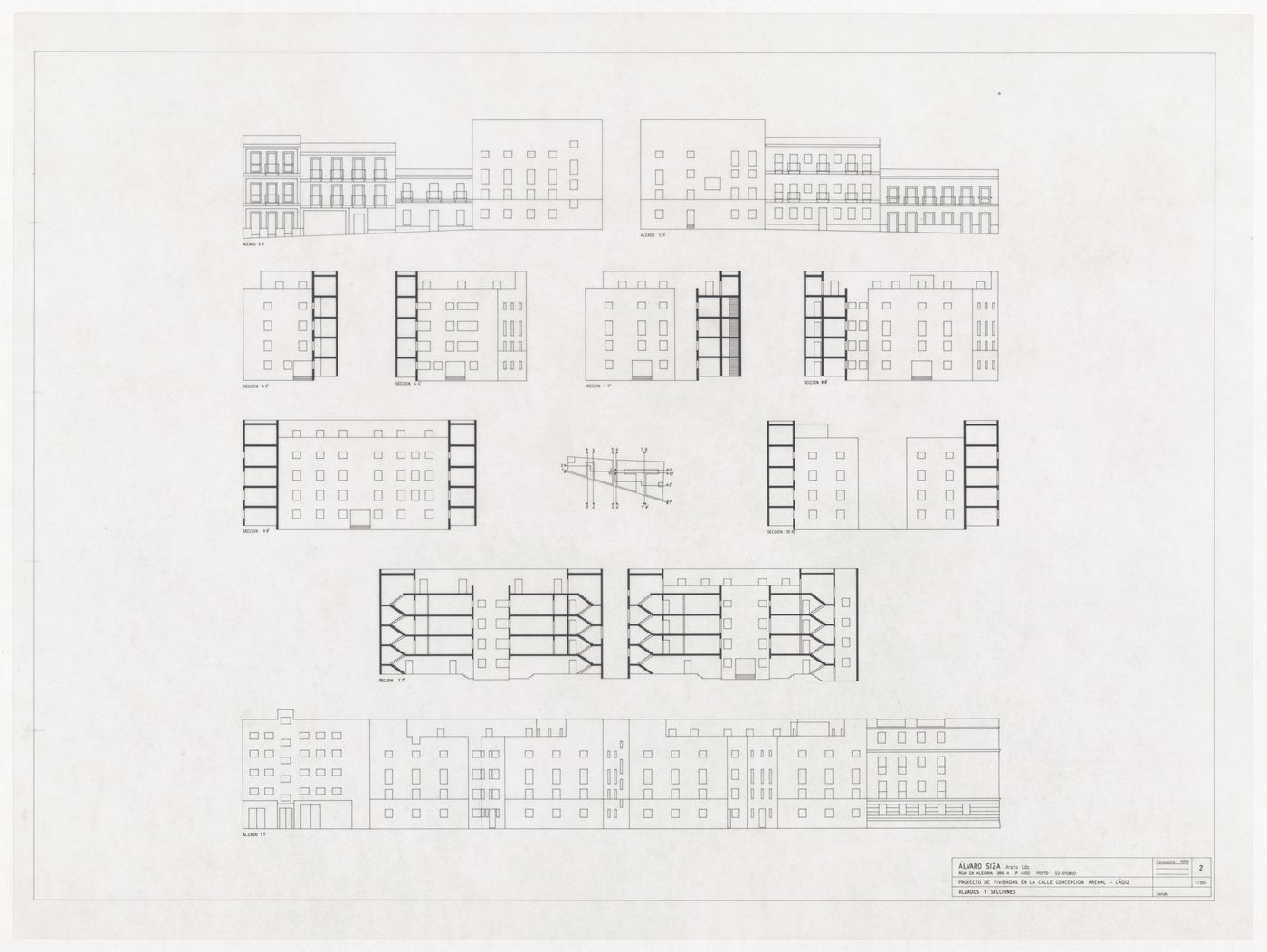 Elevations and sections for Habitações em Concepcion Arenal, Cadiz, Spain