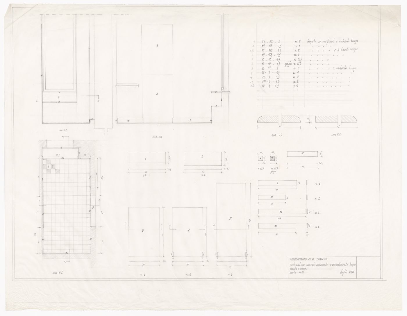 Bathroom floor plans and sections for Casa Spataro, Milan, Italy