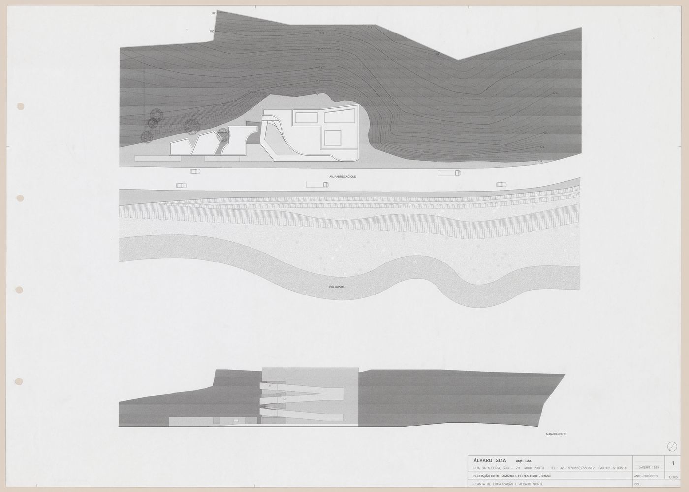 Site plan and elevation for C. Cultural e Audit. para a Fundação Iberê  Camargo [Iberê  Camargo Foundation Museum], Porto Alegre, Brazil