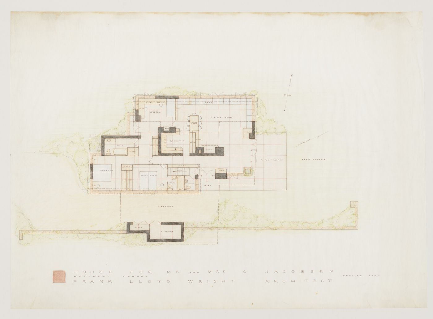 Revised ground floor plan annotated with alterations for the 1949 design for the Mr. & Mrs. George Jacobsen House, Hudson, Québec