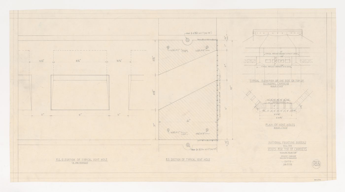 Coupe, plan et élévation des fentes d'aération au haut des cheminées, Imprimerie Nationale du Canada, Hull, Québec, Canada