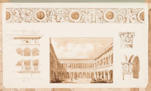 Perspective view of a two-storey building surrounding a courtyard, with elevations of the second storey arcade and frieze, and elevations of the capitals