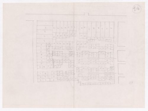 Sketch showing plots layout development for Minimum Cost Housing Group's plot in Aranya township, India, for Aranya Housing Project