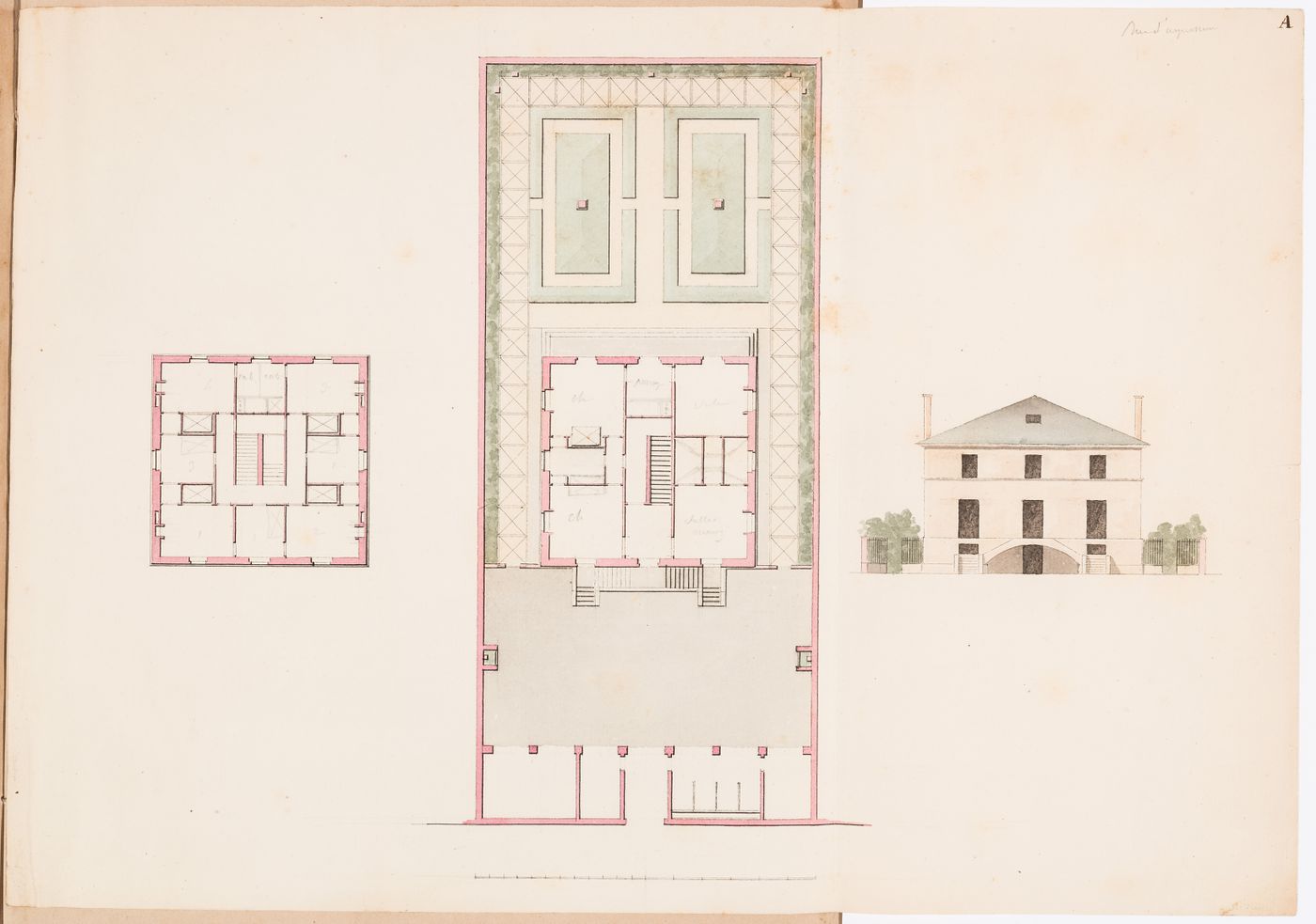 Front elevation, site plan, and plan for the first floor for a house and garden on rue d'Aguesseau, Paris