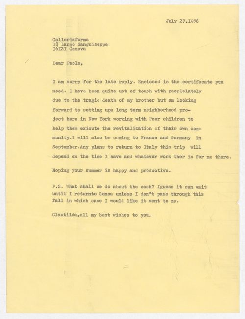 Letter from Gordon Matta-Clark to Paolo Minetti