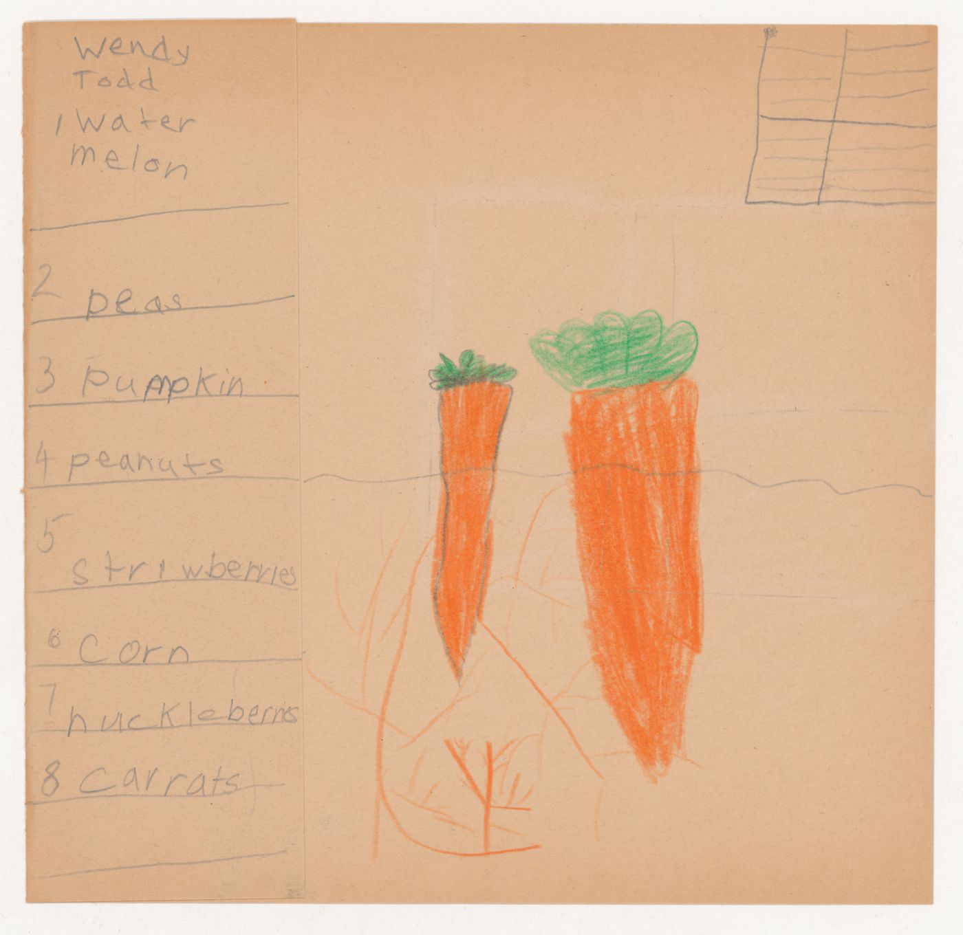 Child's drawing and list of fruits and vegetables for the ideal garden
