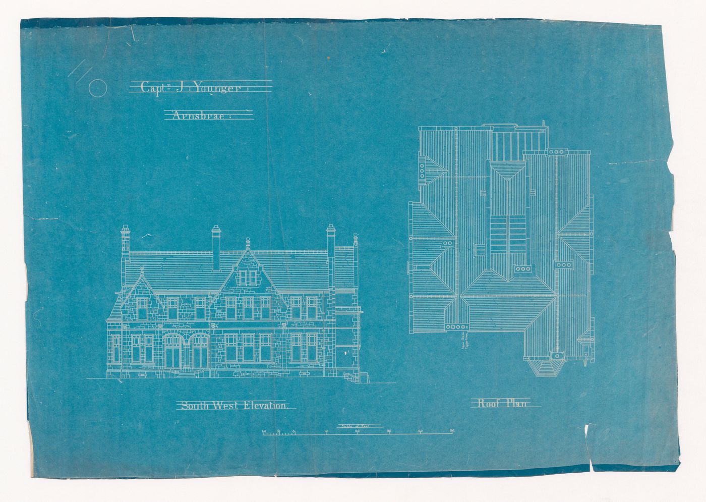 Arnsbrae, Alloa, House for Captain James Younger: Southwest elevation and roof plan