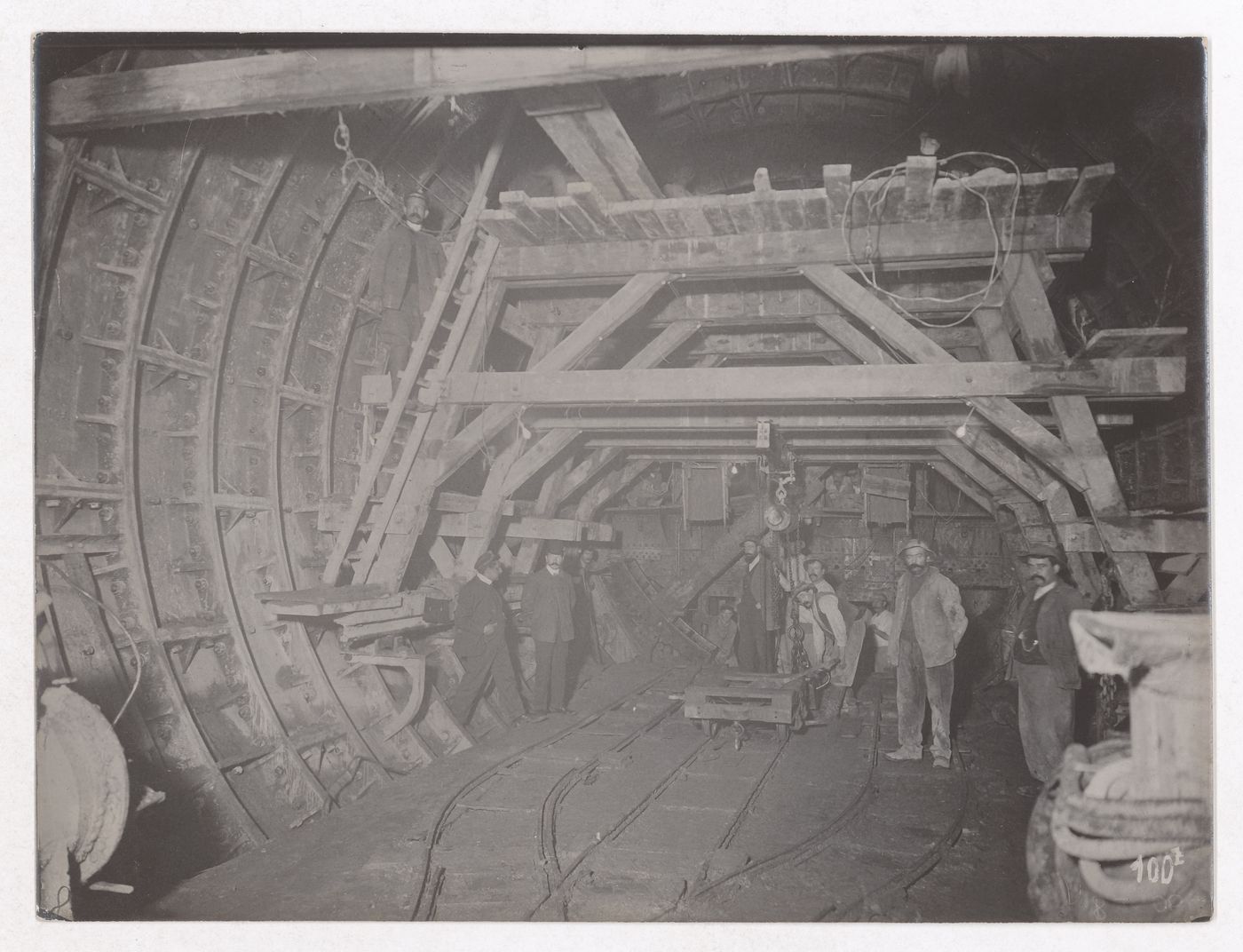 Construction of the Paris Metro, interior view of the tunnel with workers, Paris, France
