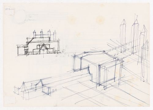 Sketch axonometric, sketch detail, sketch elevations [?] and sketch section [?] for Centro Direzionale, Florence